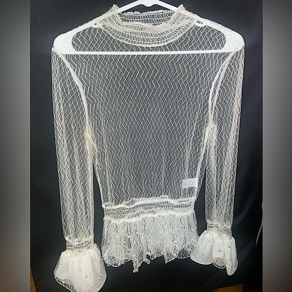 Fashion Nova sheer white sheer top with pearl details